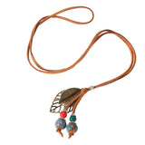 Retro Ceramic Colorful Beads Ball Leaf Leather Rope Necklace