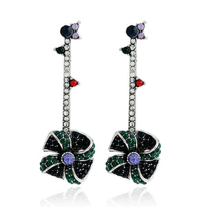 Vintage Windmill Full Rhinestones Stick Dangle Earrings