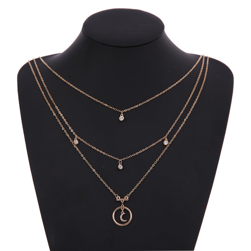 Bohemian Multilayer Chain Necklace Moon Geometric Rhinestone