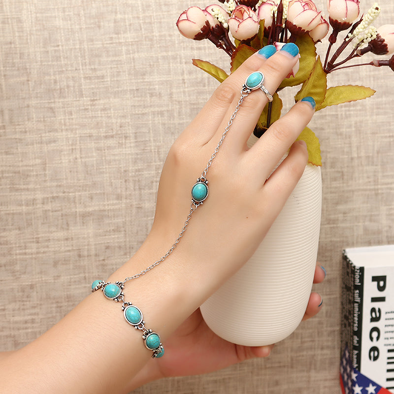 Bohemian Blue Turquoise Ring Bracelet Vintage Alloy Chain Bracelet Women Jewelry