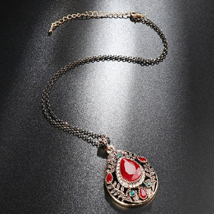 Vintage Pendant Necklace Hollow Leaf Red Gemstone Water Drop