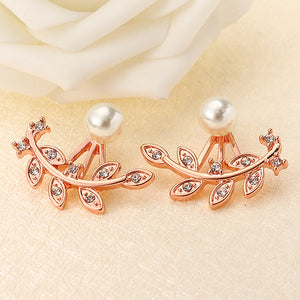 Trendy Women Rhinestone Leaf Pearl Silver Rose Gold Earrings