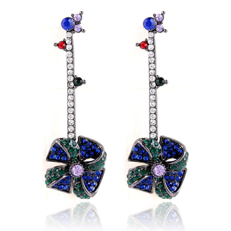 Vintage Windmill Full Rhinestones Stick Dangle Earrings