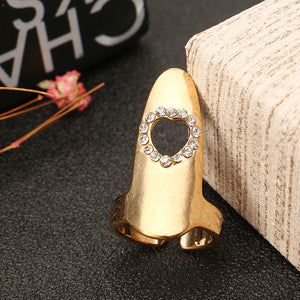 Fashion Adjustable Shiny Rhinestones Polished Hollow Heart Nail Ring Women Jewelry