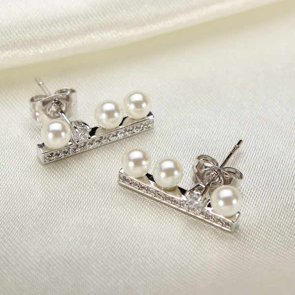 Simple Rhinestone Crystal Pearl Ear Stud Earrings Gold Silver Plated