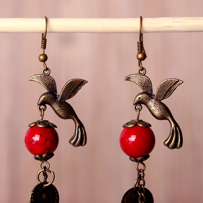 Vintage Red Turquoise Bird Ear Drop Bronze Earrings