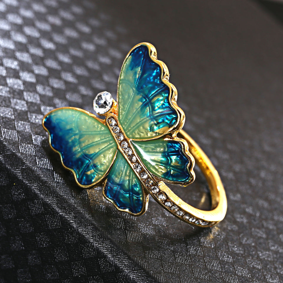 Sweet Enamel Butterfly Insect Diamond Rings Gift for Women