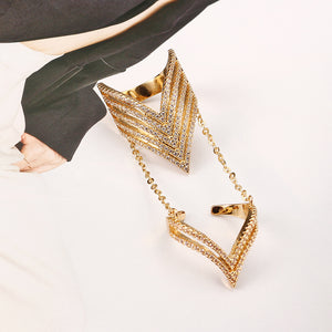 24K Gold Plated Punk Arrow Shape Chain Linked Two Rings Statement Sparkling Zircon Jewelry for Women