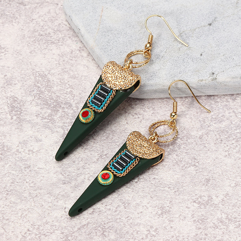 Women Bohemian Earrings Ethnic Gemstone Inlay Triangle Pendant Gold Plated Ear Drop Boho Jewelry