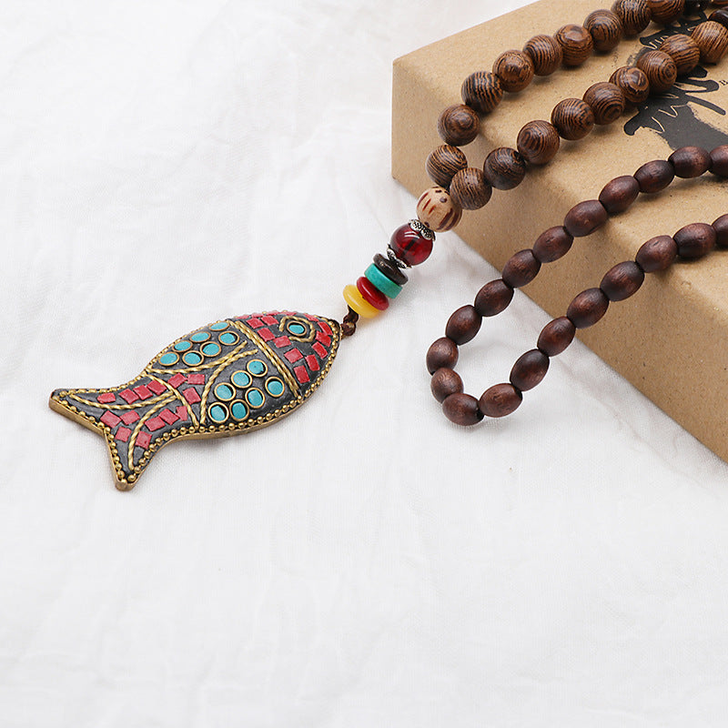 Handmade Nepal Buddhist Mala Wood Beaded Necklace Fish