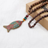 Handmade Nepal Buddhist Mala Wood Beaded Necklace Fish