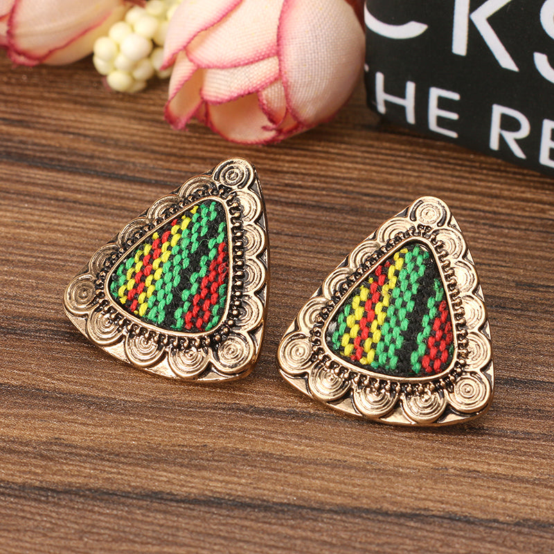 Retro Ethnic Colorful Cloth Triangle Alloy Ear Stud Women Earrings