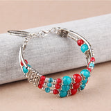 Ethnic Colorful Beads Tibetan Silver Leaf Women Bracelet