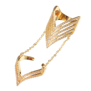 24K Gold Plated Punk Arrow Shape Chain Linked Two Rings Statement Sparkling Zircon Jewelry for Women