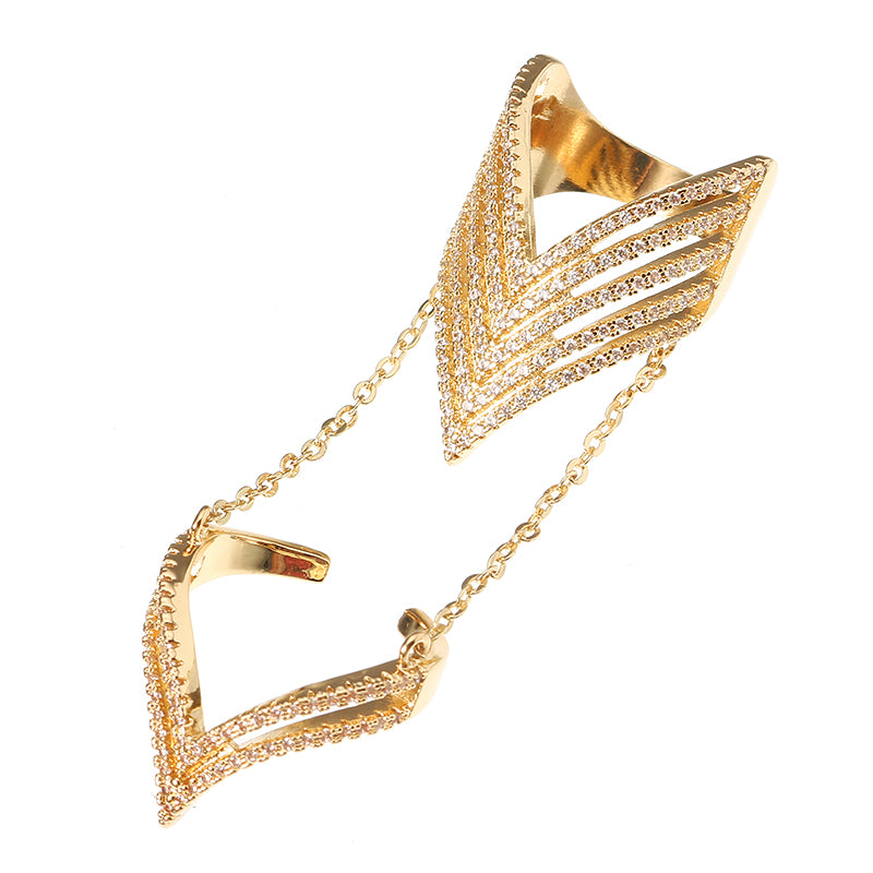 24K Gold Plated Punk Arrow Shape Chain Linked Two Rings Statement Sparkling Zircon Jewelry for Women