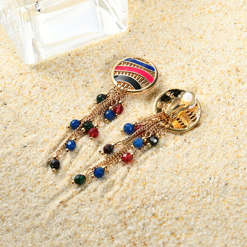 Women Bohemian Earrings Gold Plated Round Charm Tassel Colorful Bead Pendant Ear Clip Boho Jewelry