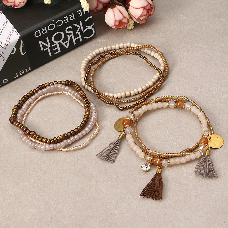 Bohemian Multilayer Tassel Charm Gold Color Coin Pendant Beads Bracelet for Women 