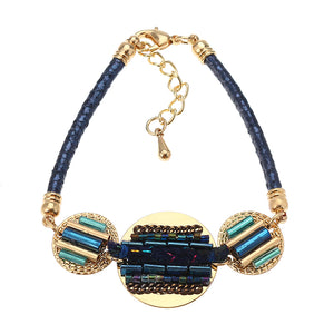 Bohemian Women Bracelet Gold Plated Coin Charm with Colorful Glass Bead Leather Bangle Chain