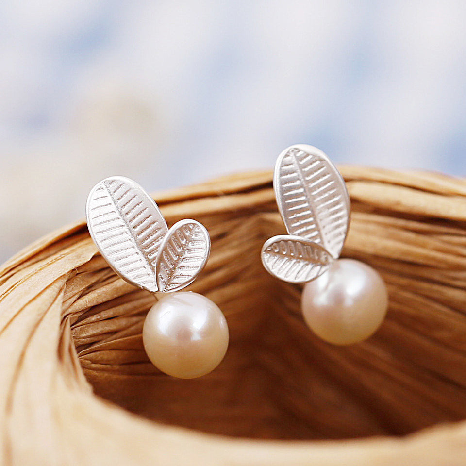 Sweet 925 Sterling Silver Leaves Pearl Earrings Women Jewelry