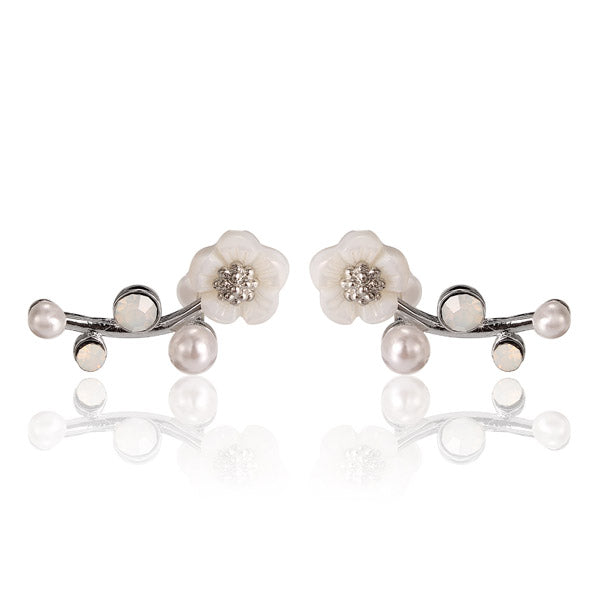 925 Silver Needle Shell Flower Crystal Rhinestone Ear Stud Earrings