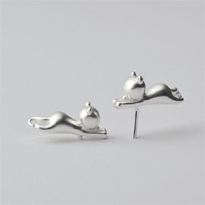 Lovely 925 Sterling Silver Platinum Animal Small Cat Ear Stud Earrings