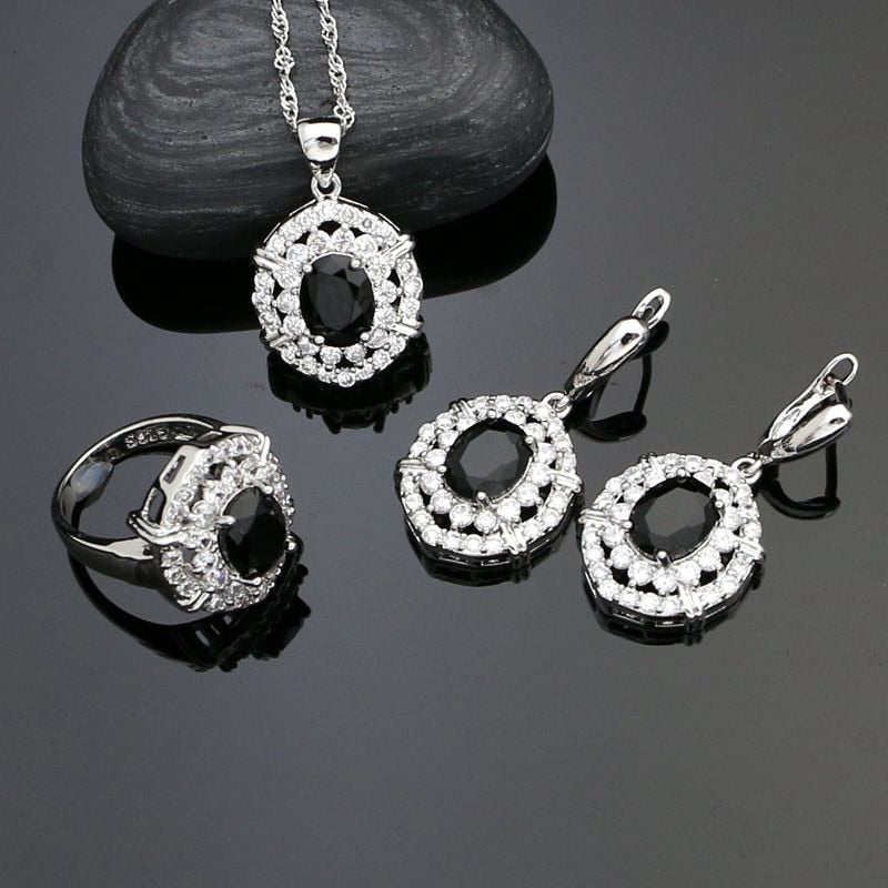 Silver 925 Punk Jewelry Sets Black Cubic Zirconia White Crystal For Women Party Decoration Earrings/Rings/Pendant/Necklace Set