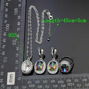 Round 925 Sterling Silver Party Jewelry Sets For Women Mystic Rainbow Stone White Crystal Earrings Pendant Ring Necklace