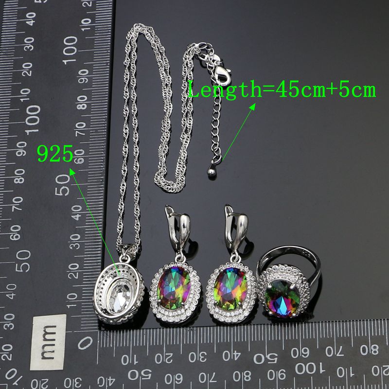 Round 925 Sterling Silver Party Jewelry Sets For Women Mystic Rainbow Stone White Crystal Earrings Pendant Ring Necklace