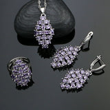 Purple Stones 925 Sterling Silver Wedding Jewelry Sets For Women Cubic Zirconia Earrings Ring Necklace Pendant Set