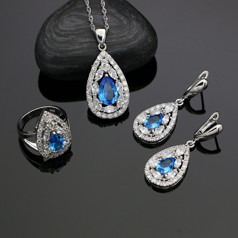 Women 925 Silver Jewelry Sky Blue Cubic Zirconia White Crystal Jewelry Sets Earrings/Pendant/Necklace/Ring