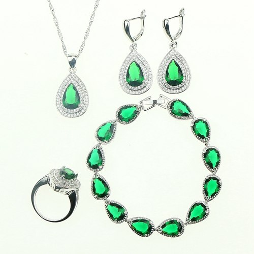 Green Created Emerald White CZ 925 Sterling Silver Jewelry Sets For Women Bracelet Earrings Necklace Pendant Ring Free Gift Box