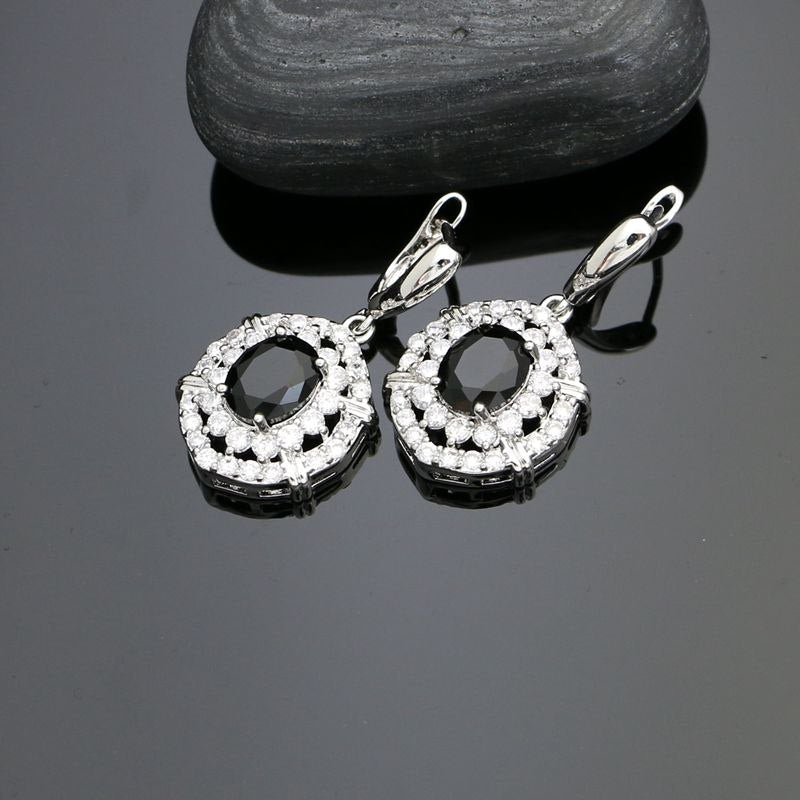 Punk 925 Sterling Silver Jewelry Sets For Women Decoration Black Stone White Crystal Earrings/Pendant/Necklace/Ring/Bracelet 