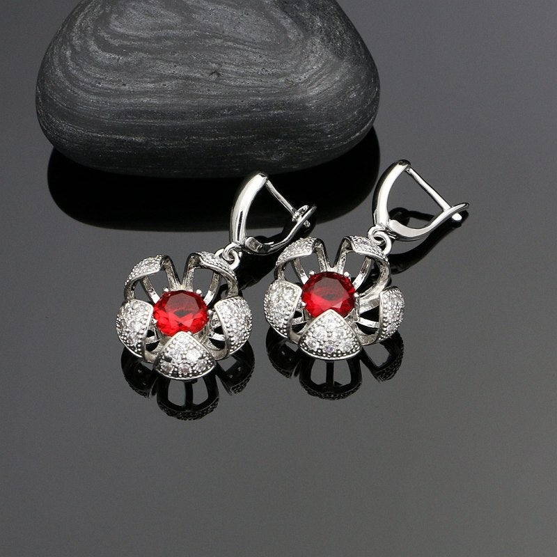 Mystic Silver 925 Jewelry Natural Red Stones White CZ Beads Bridal Jewelry Sets For Women Wedding Earrings Ring Necklace Set 