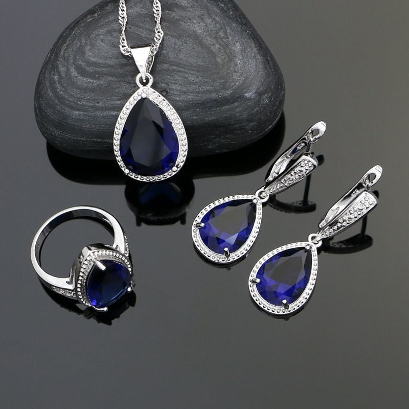 925 Sterling Silver Jewelry Sets For Women Wedding Decoration Water Drop Blue Cubic Zirconia Earrings Ring Necklace Pendant Set