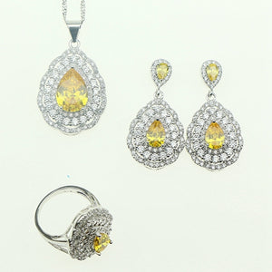 Fashion Women 925 Sterling Silver Jewelery Yellow Cubic Zirconia Crystal Earrings/Pendant/Necklace/Ring/Bracelet Jewelry Sets