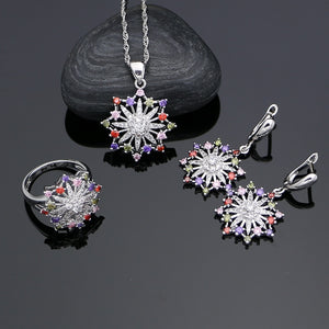 Multicolor Cubic Zirconia 925 Silver Jewelry Sets For Women Wedding Accessories Earrings With Stone Pendant Ring Necklace Set