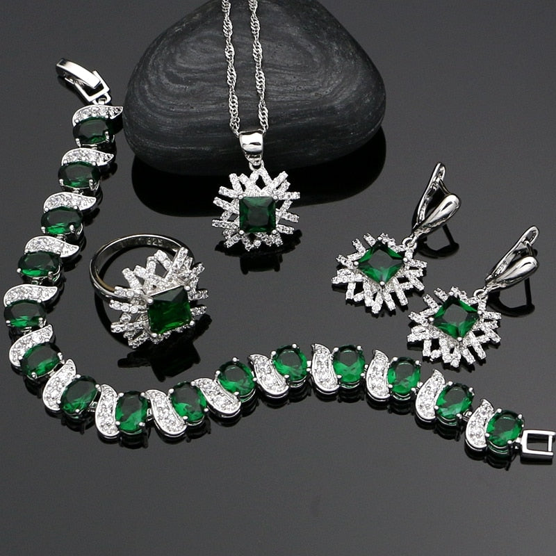 925 Sterling Silver Costume Jewelry Sets Green Zircon White Crystal Necklace Set Wedding Jewelry Earrings For Women 4PCS