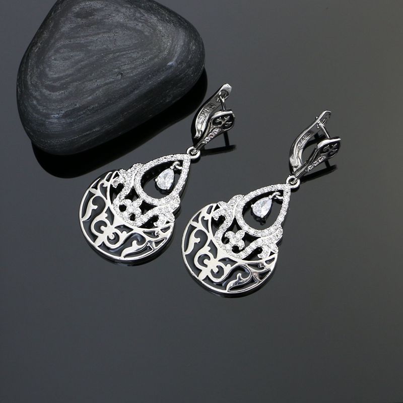 925 Sterling Silver Punk Jewelry Sets For Women Party Decoration Black Pattern White Crystal Earrings/Necklace/Pendant Set