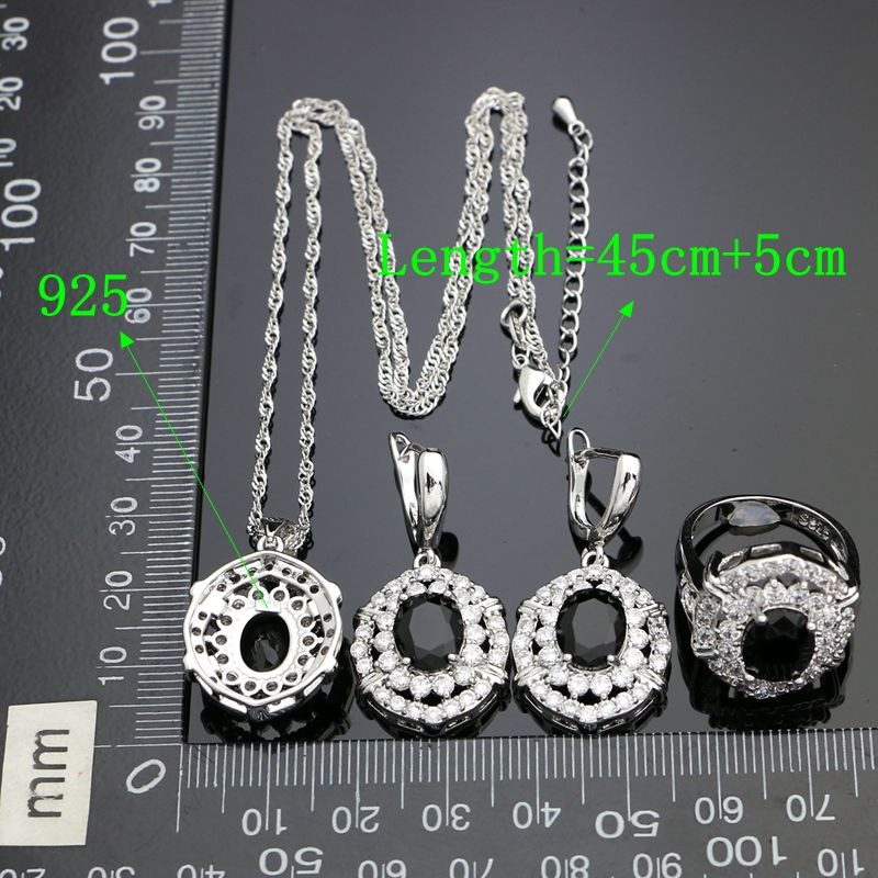 Silver 925 Punk Jewelry Sets Black Cubic Zirconia White Crystal For Women Party Decoration Earrings/Rings/Pendant/Necklace Set