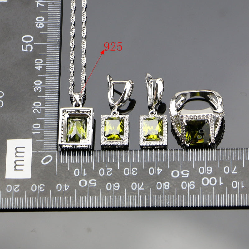  925 Sterling Silver Bridal Jewelry Olive Green Zircon Jewelry Sets For Women Wedding Earrings/Pendant/Necklace/Ring/Bracelet