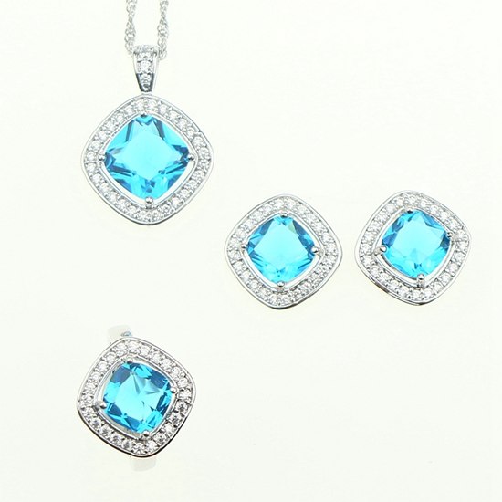 Natural Sky Blue Zircon 925 Sterling Silver Jewelry Sets For Women Wedding Earrings/Rings/Bracelet/Necklace Free Gift Box