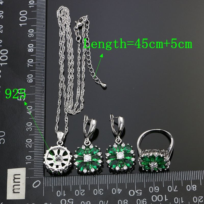 925 Silver Jewelry Sets For Women Party Accessories White Crystal Green Cubic Zirconia Earrings Ring Necklace Pendant Set