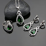 Water Drop 925 Sterling Silver Jewelry Sets Green Zircon White CZ  For Women Earrings/Ring/Necklace/Pendant Free Gift Box