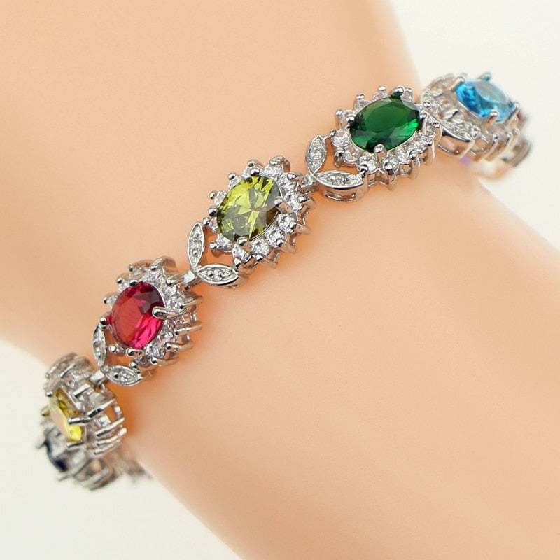 Bridal Length 17.5cm 20.5cm Bracelets Multicolor Cubic Zirconia 925 Sterling Silver For Women Jewelry Free Gift Box