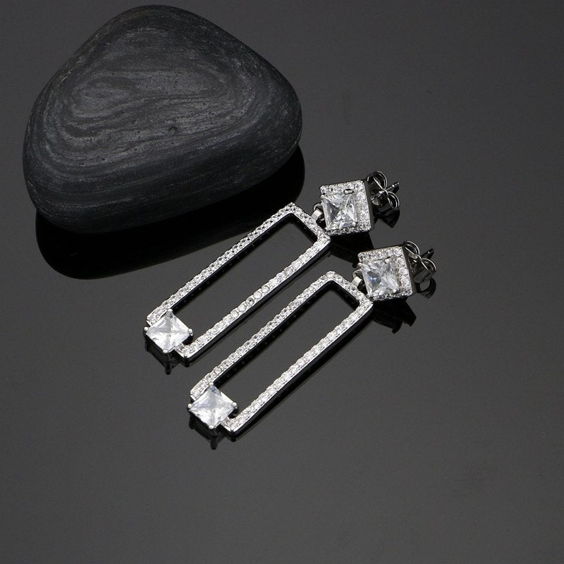 Luxury Silver 925 Jewelry White Crystal Jewelry Sets For Women Wedding Square Long Earrings/Pendant/Rings/Necklace Set