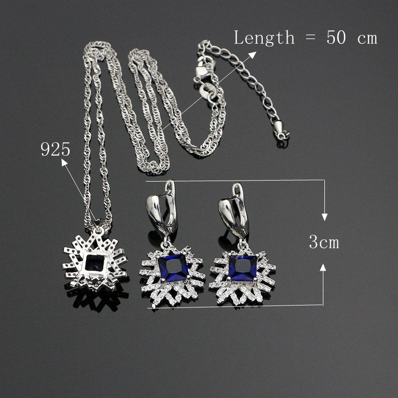 Square 925 Silver Jewelry Sets Natural Blue Cubic Zirconia Necklace Set For Women White Crystal Sterling Silver Jewelly