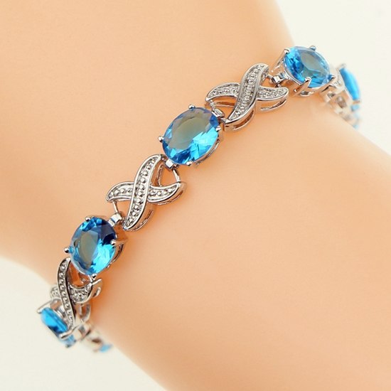 925 Sterling Silver Bridal Bracelet For Women Sky Blue Cubic zirconia Wedding Decoration