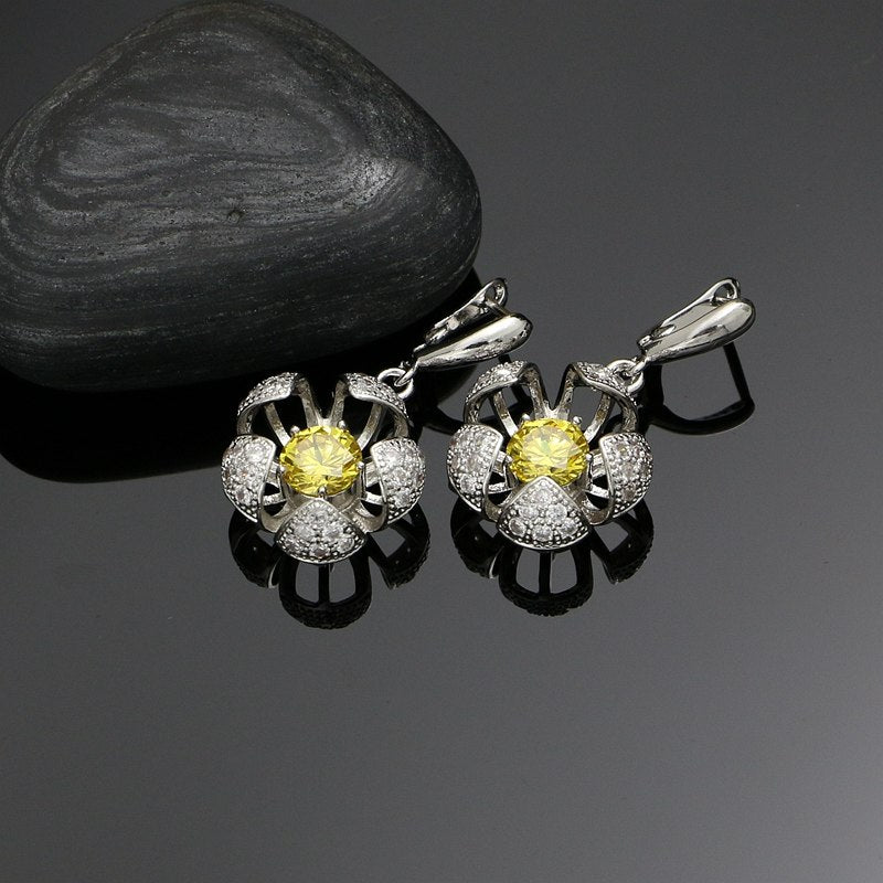 Flower Silver 925 Jewelry Light Yellow Cubic Zirconia White Crystal Beads Jewelry Sets Earrings/Pendant/Ring/Necklace Set