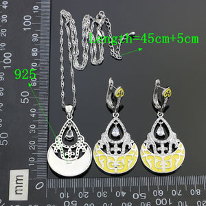 925 Sterling Silver Jewelry Sets For Women Party Decoration Yellow Pattern White Cubic Zirconia Earrings/Necklace/Pendant Set