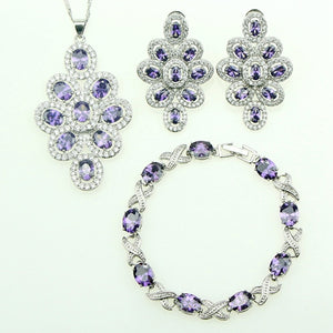 925 Silver Jewelry Sets Purple Cubic Zirconia White Crystal Jewelery For Women Wedding /Earrings/Pendant/Rracelet/Necklace Set